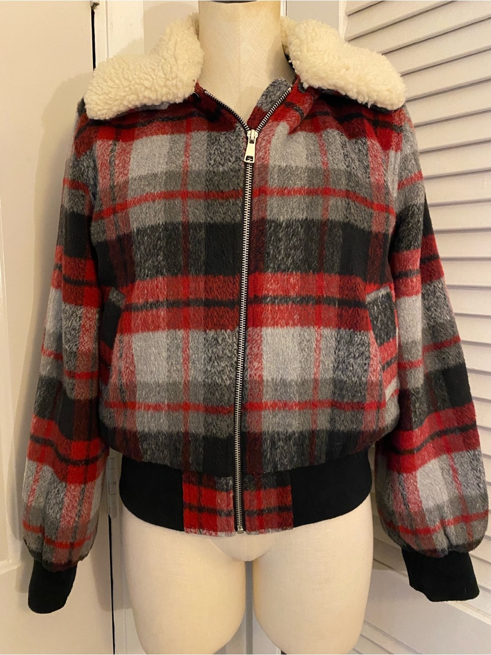 wild fable Red & Gray Plaid Sherpa Collar Bomber Jacket- Size Medium